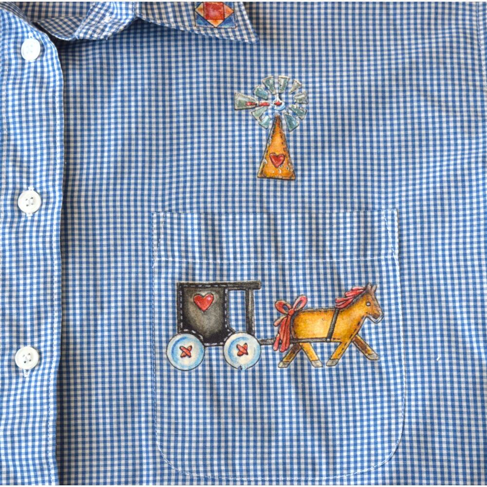 Vintage Gingham Shirt with Amish Folk Art Wagon & Quilt Block Prints - Picture 3 of 6